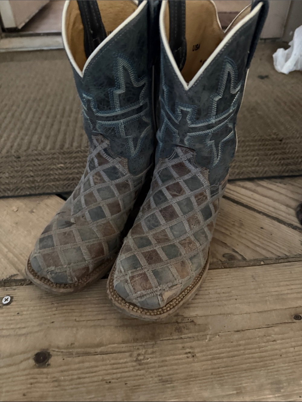 Kids Tin Haul Western Patchwork Leather Boots - Blue/Tan